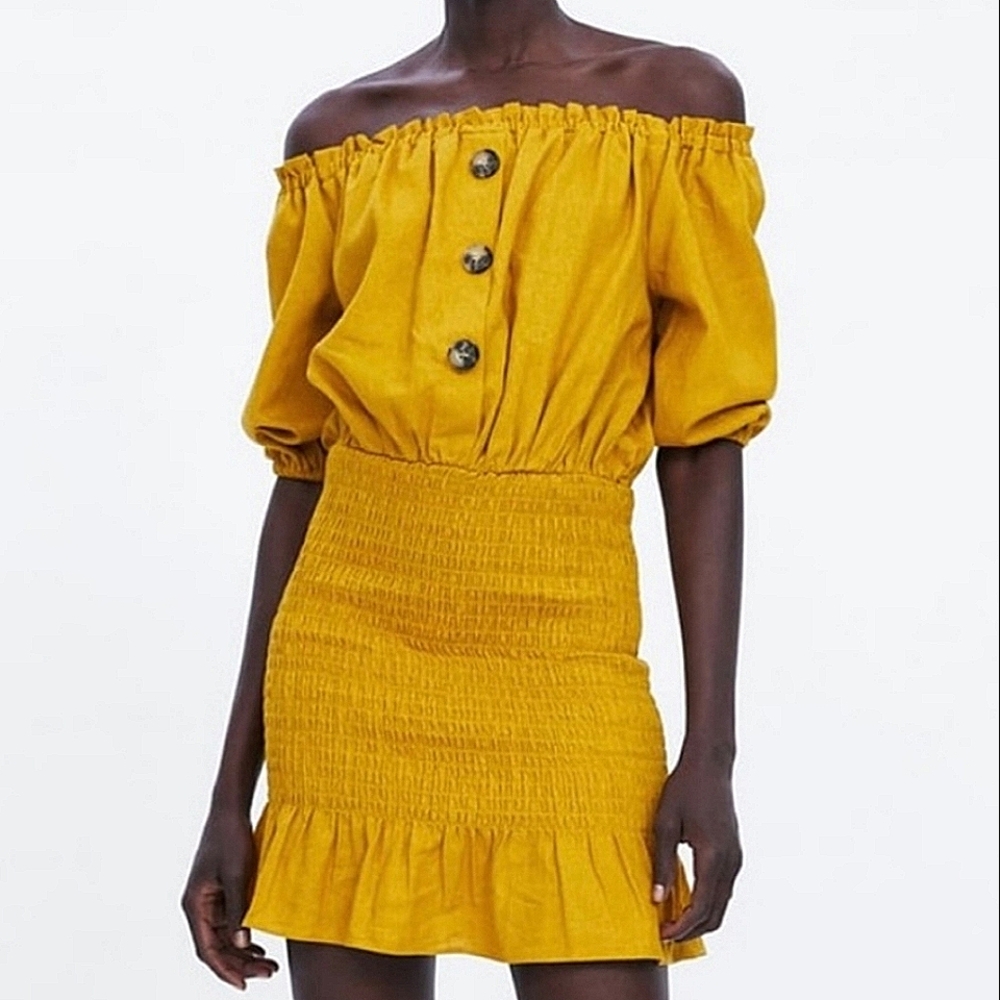 Zara Mustard Yellow Off-Shoulder Mini Dress